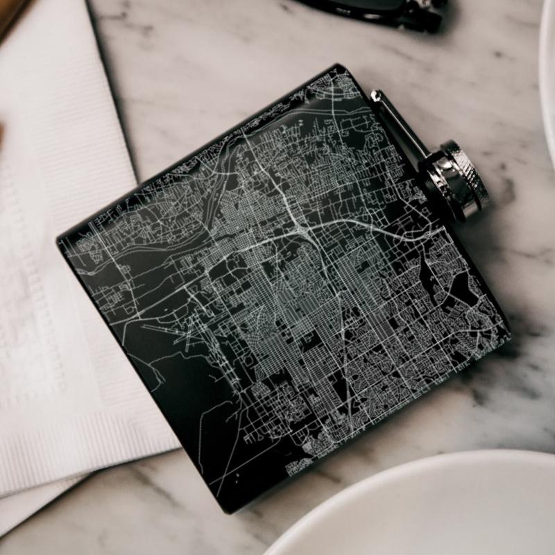 Albuquerque New Mexico Map Hip Flask – Custom Engraved 6oz Matte Black Flask with Canvas Bag & Funnel