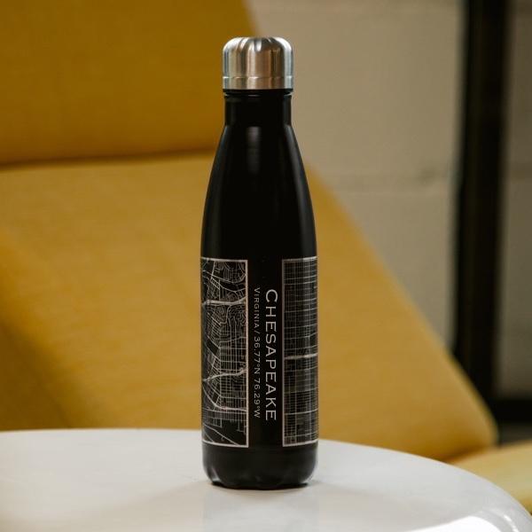 Chesapeake Virginia Map Bottle – Custom Engraved 17oz Matte Black Insulated Stainless Steel Water Bottle