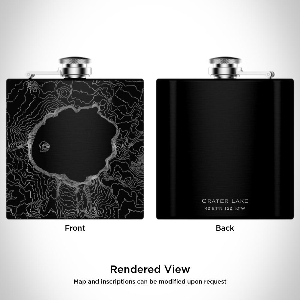 Crater Lake Oregon Map Hip Flask – Custom Engraved 6oz Matte Black Flask with Canvas Bag & Funnel