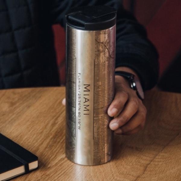 Miami Florida Map Tumbler, 17 oz Insulated Stainless Steel Coffee Cup, Custom Engraved Travel Tumbler