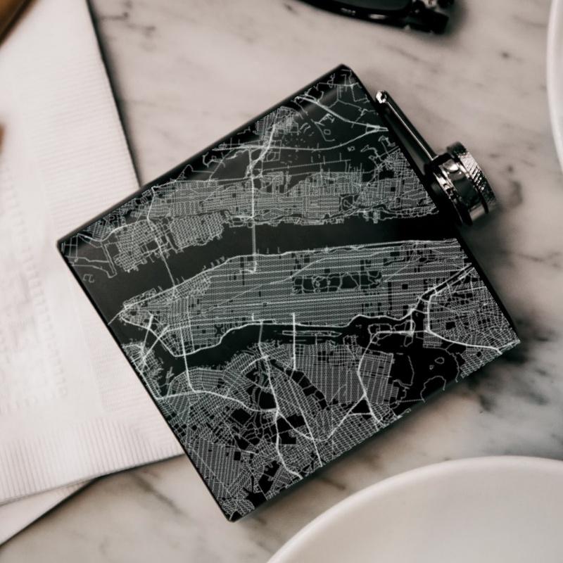 New York City Map Hip Flask – Custom Engraved 6oz Matte Black Stainless Steel Flask with Canvas Bag & Funnel