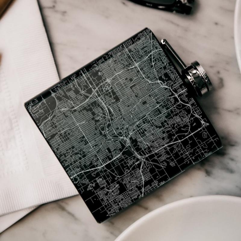 Oklahoma City Map Hip Flask – Custom Engraved 6oz Matte Black Flask with Canvas Bag & Funnel