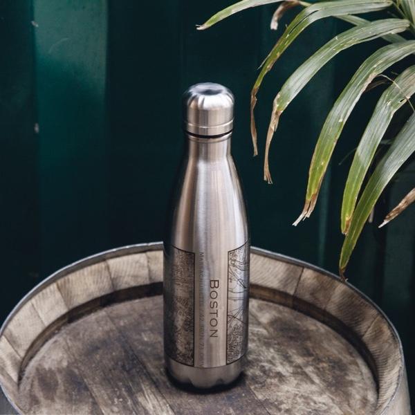 Boston Massachusetts Map Bottle – Custom Engraved 17oz Insulated Stainless Steel Water Bottle with Personalised Coordinates
