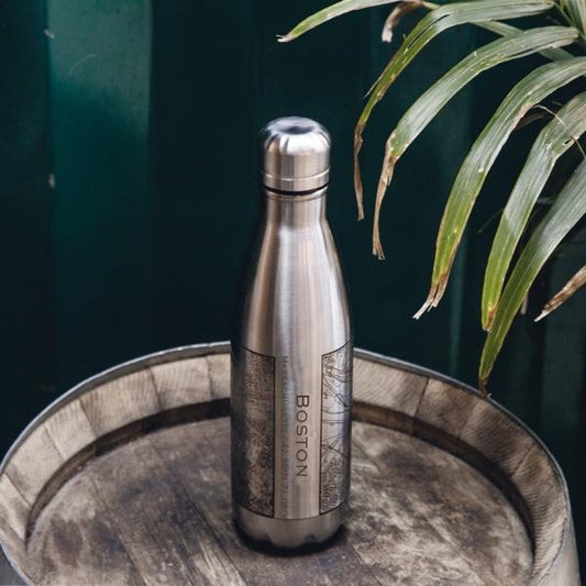 Boston Massachusetts Map Bottle – Custom Engraved 17oz Insulated Stainless Steel Water Bottle with Personalised Coordinates