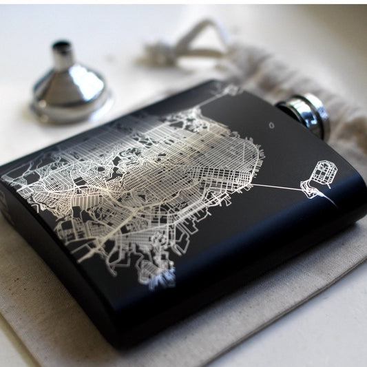 Crater Lake Oregon Map Hip Flask – Custom Engraved 6oz Matte Black Flask with Canvas Bag & Funnel
