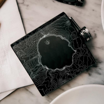 Crater Lake Oregon Map Hip Flask – Custom Engraved 6oz Matte Black Flask with Canvas Bag & Funnel