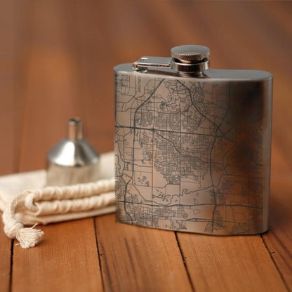 Irving Texas Map Hip Flask – Custom Engraved 6oz Stainless Steel Flask with Canvas Bag & Funnel