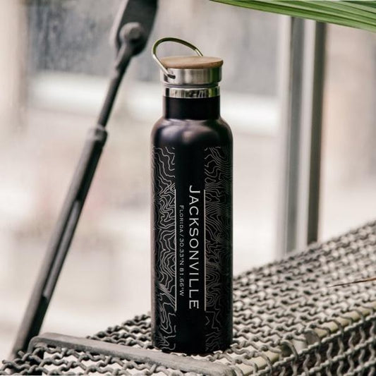Jacksonville Florida Map Bottle – Custom Engraved 20oz Matte Black Insulated Stainless Steel Bottle with Bamboo Lid