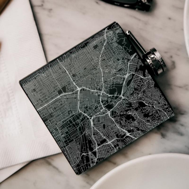 Los Angeles California Map Hip Flask – Custom Engraved Matte Black Flask with Canvas Bag & Funnel