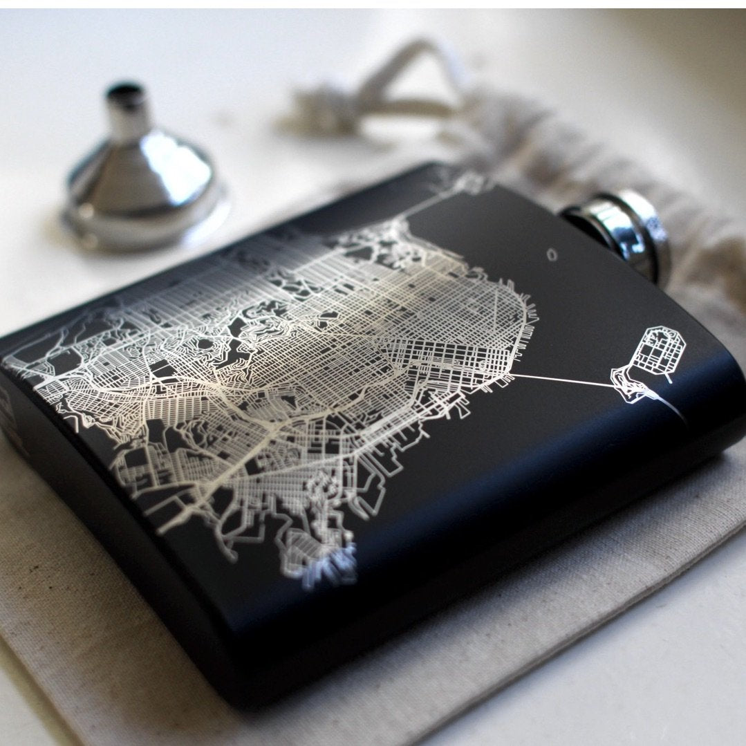 New York City Map Hip Flask – Custom Engraved 6oz Matte Black Stainless Steel Flask with Canvas Bag & Funnel