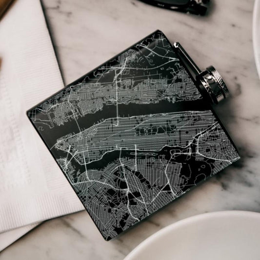 New York City Map Hip Flask – Custom Engraved 6oz Matte Black Stainless Steel Flask with Canvas Bag & Funnel