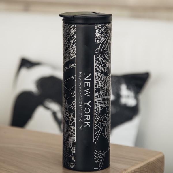 New York City Map Tumbler – Custom Engraved 17oz Matte Black Insulated Stainless Steel Coffee Cup