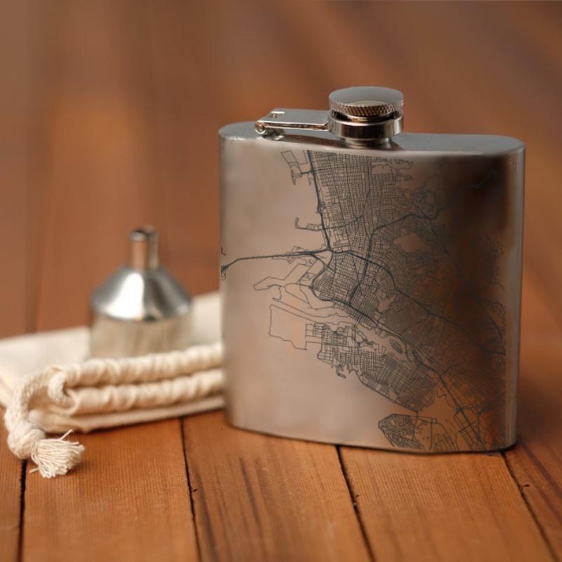 Oakland California Map Hip Flask – Custom Engraved 6oz Flask with Canvas Bag & Funnel