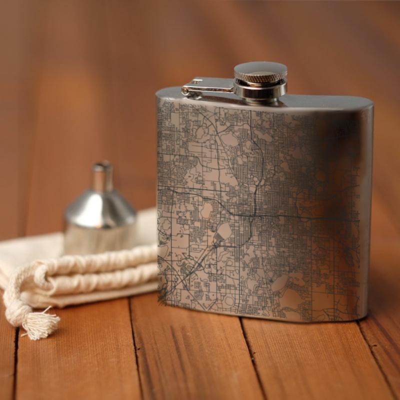 Orlando Florida Map Hip Flask – Custom Engraved 6oz Personalised Flask with Canvas Bag & Funnel